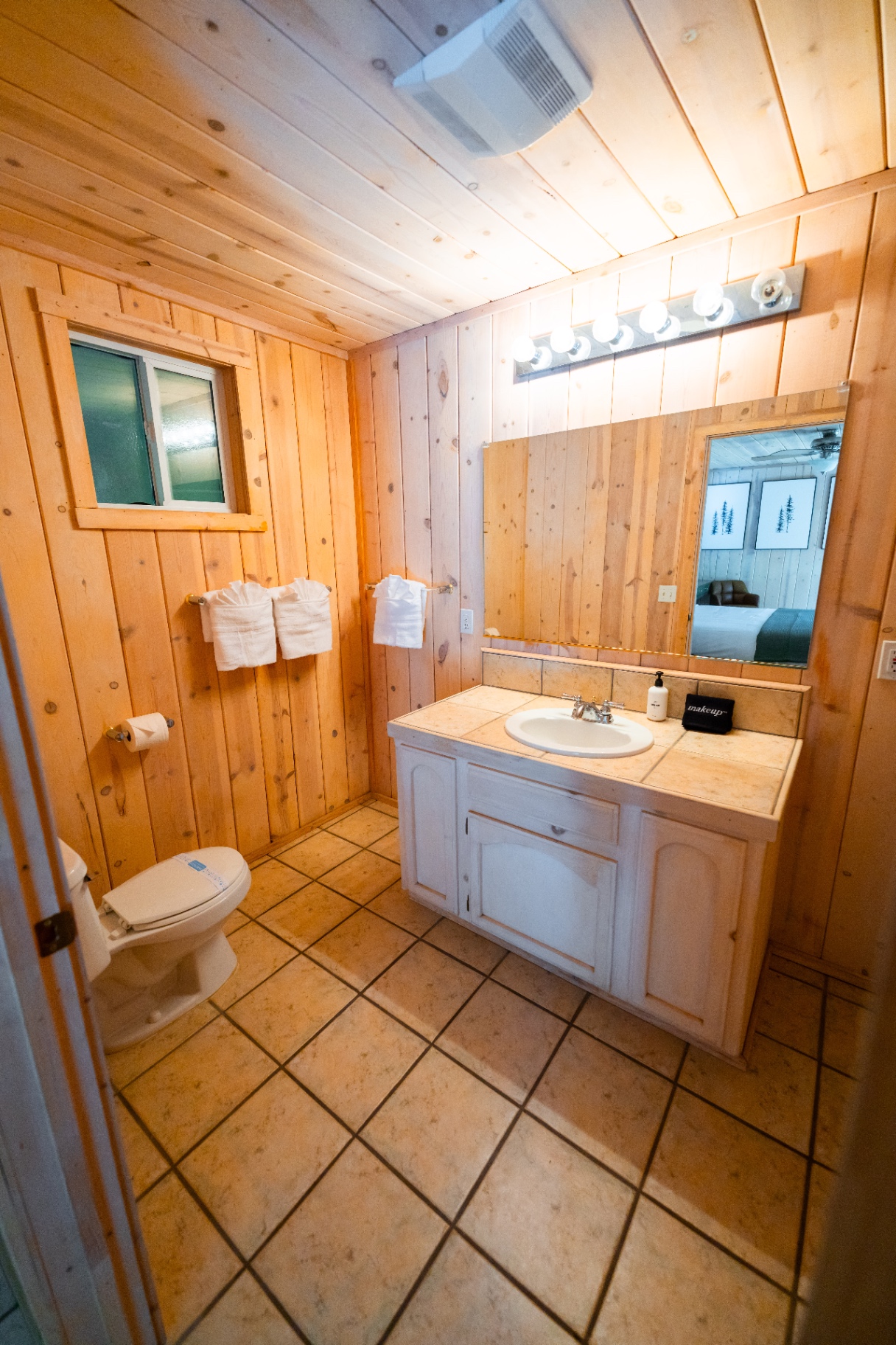 Wood-paneled bathroom with vanity and mirror