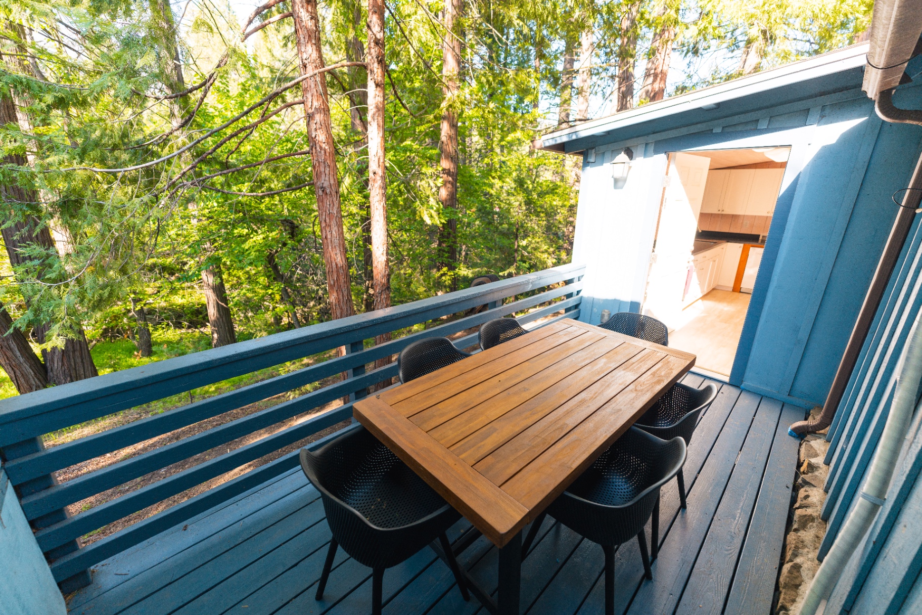 Deck dining table set among the redwoods
