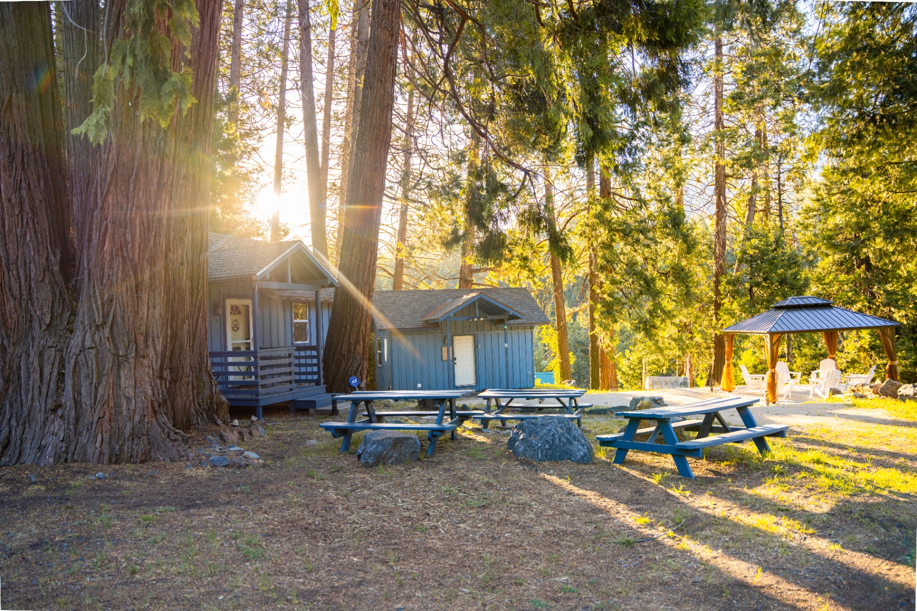 Cabins and picnic tables glowing in evening light