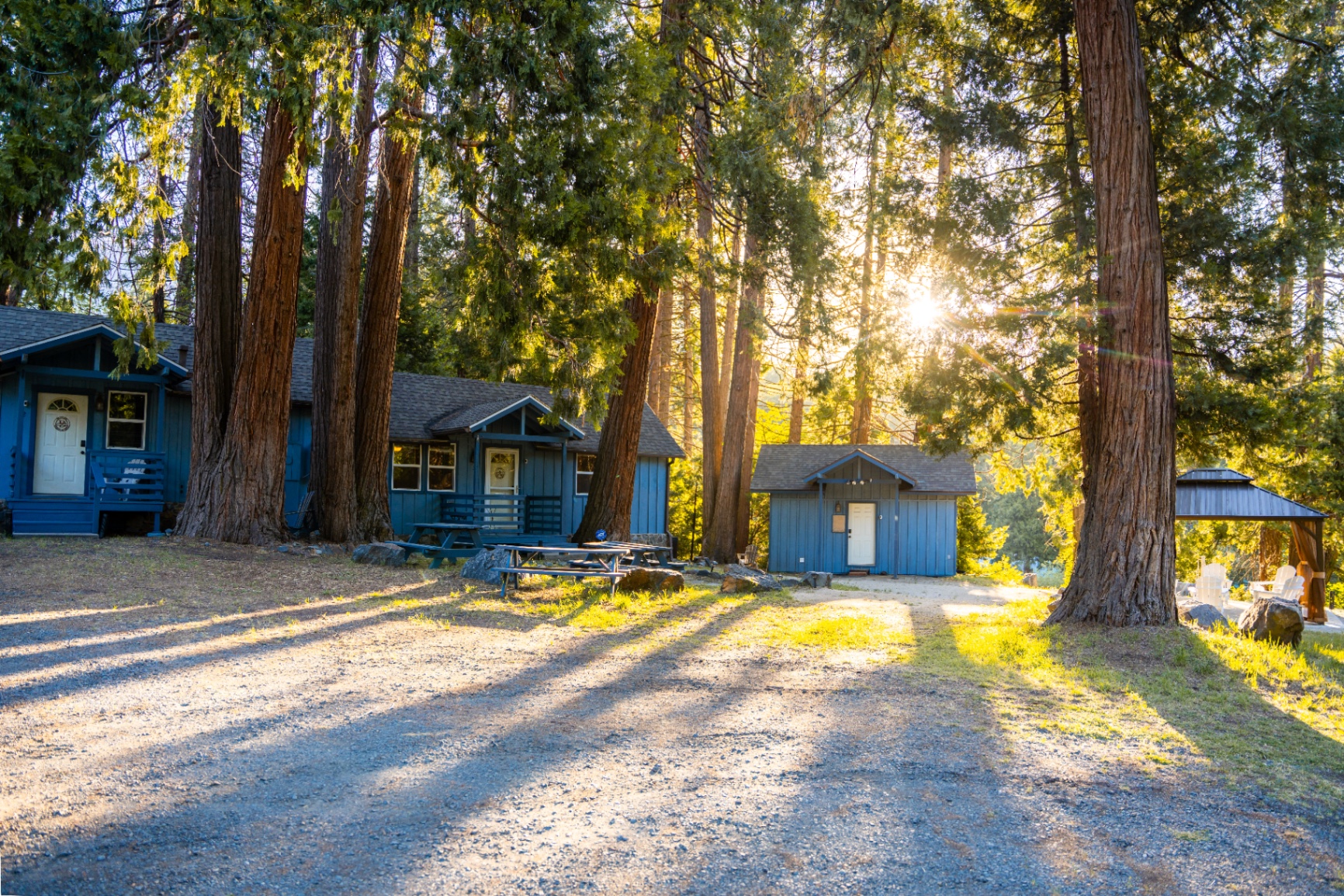 Wide view of Sequoia Meadows cabins and gazebo
